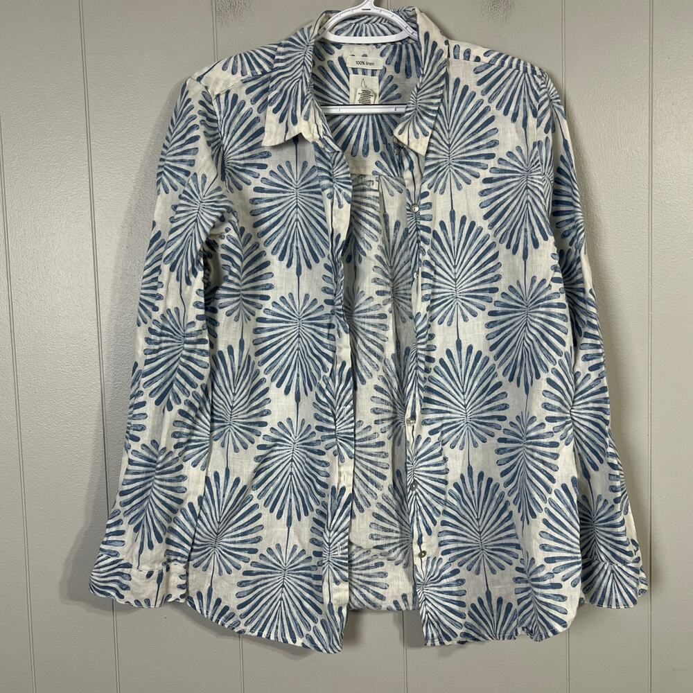 Joie 100% Linen Button Front Shirt Women’s Large White Blue Print Long Sleeve